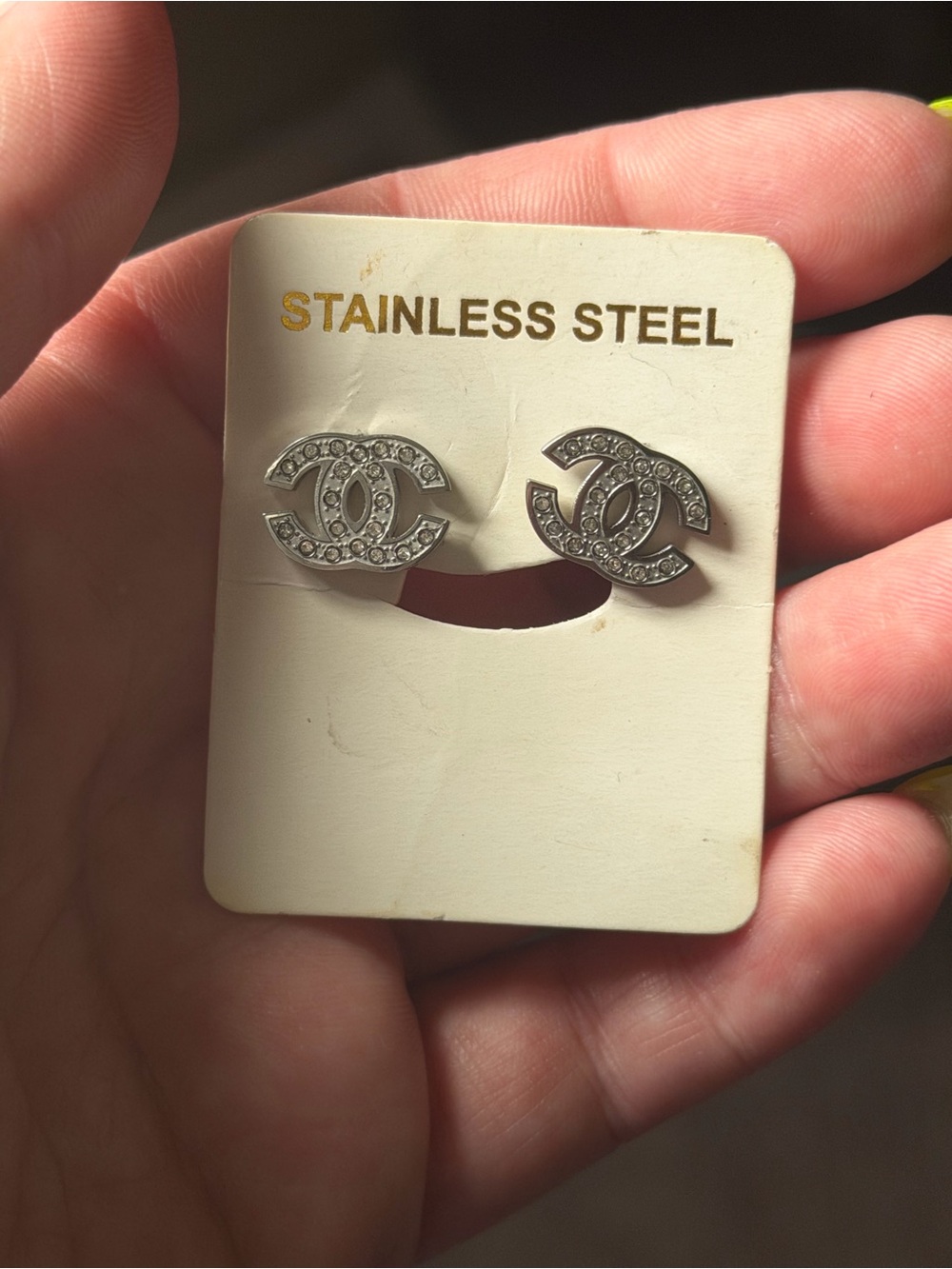 Rhinestone Interlocking CC Stainless Steel Stud Earrings - Silver